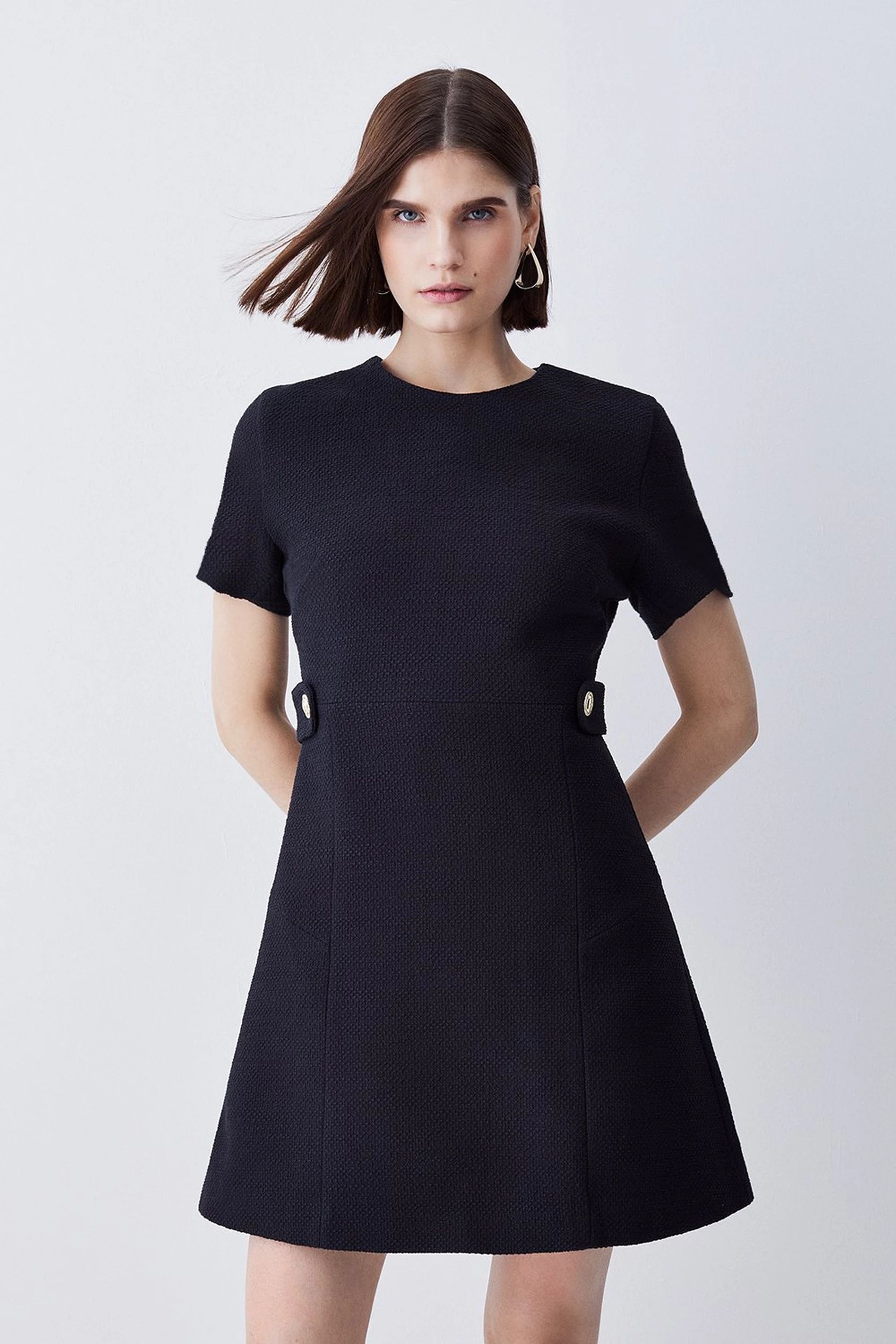 Boucle Tab Button Detail A Line Mini Dress | Karen Millen UK + IE + DE + NL