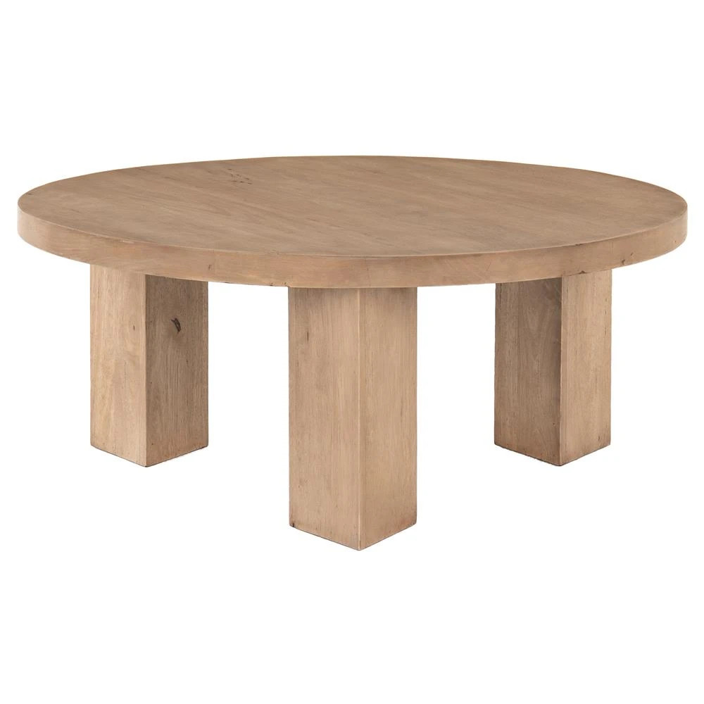 Kinslee Rustic Lodge Brown Light Brushed Wood Round Coffee Table | Kathy Kuo Home