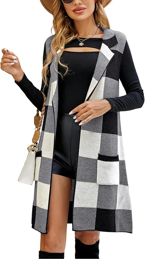 UANEO Womens Sleeveless Cardigans Long Plaid Sweater Vest Knitted Open Front Jackets with Pockets | Amazon (US)
