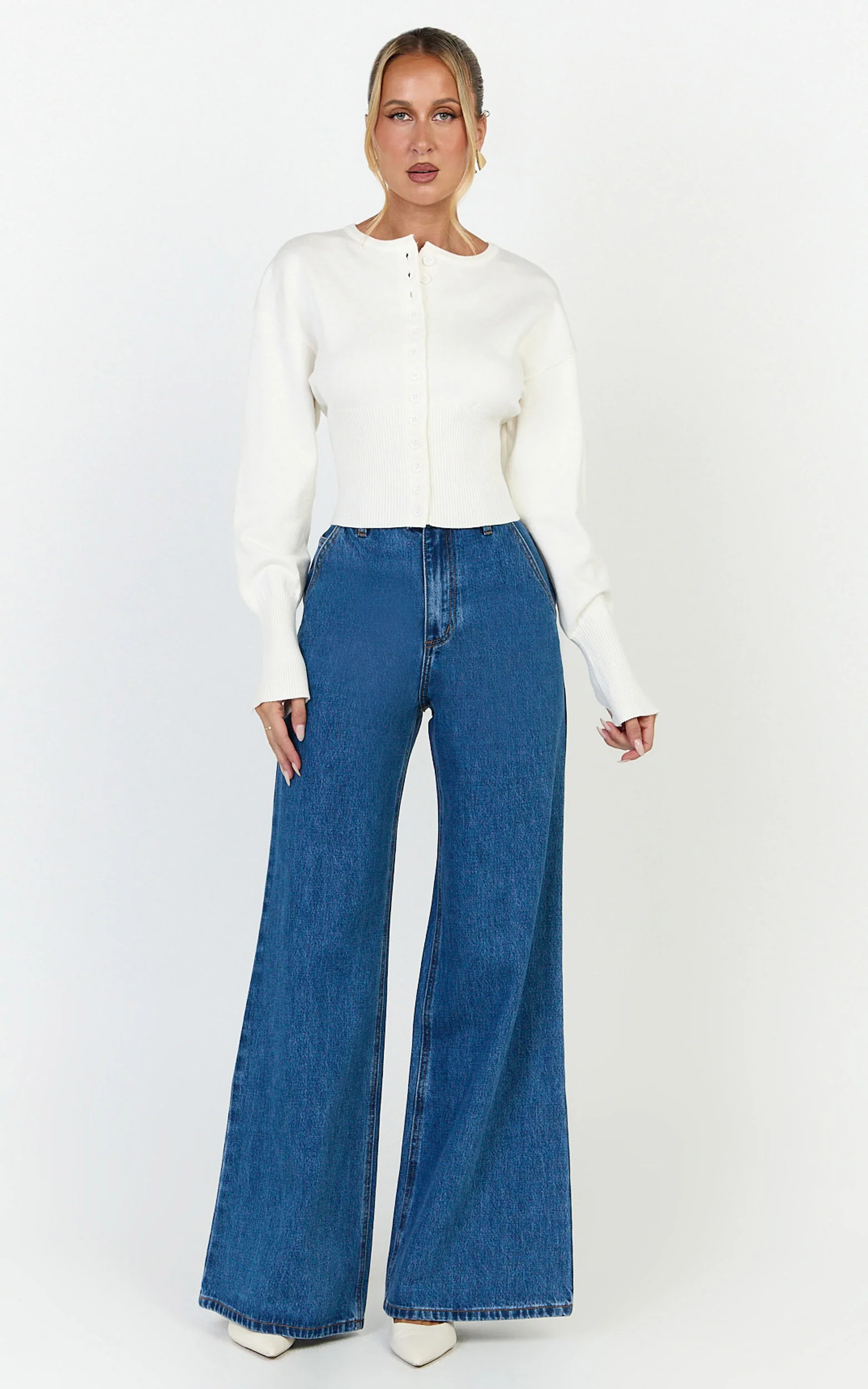 Therese Jeans - High Waist Wide Leg Flare Recycled Denim Jeans in Dark Blue Wash | Showpo (US, UK & Europe)