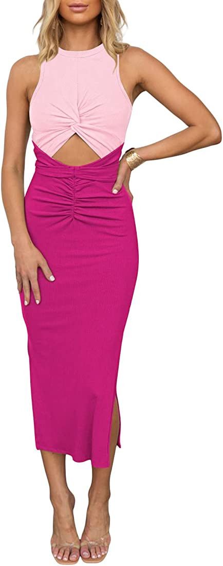 TIKSAWON Women's Sleeveless Cut Out Dress Twisted Ruched Summer Ribbed Knit Dresses with Slit | Amazon (US)