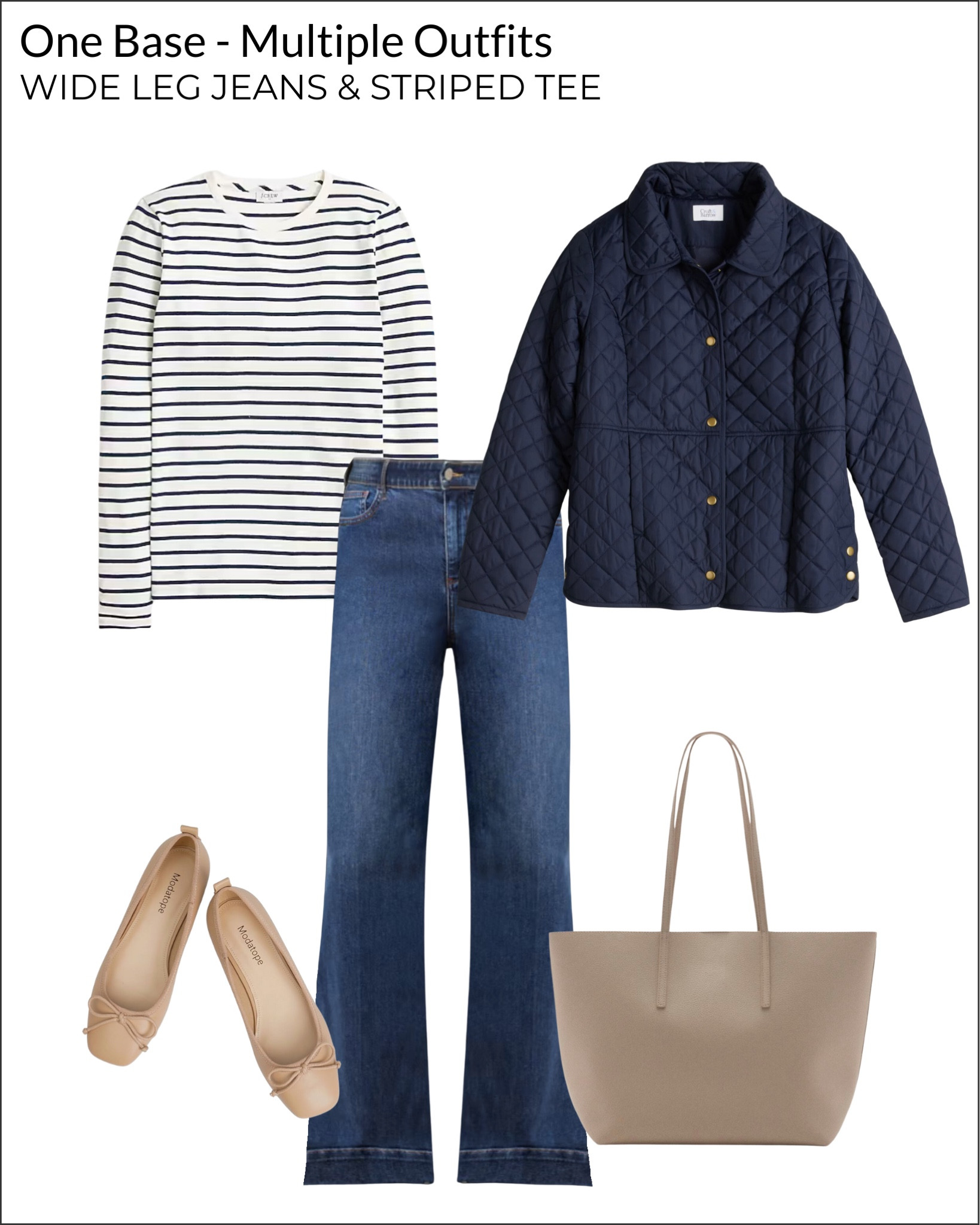 1 Base, 10 Outfits: How To Style Wide Leg Jeans And A Striped Tee In Multiple Budget-Buy Outfits

Quilted jacket, ballet flats, totee
