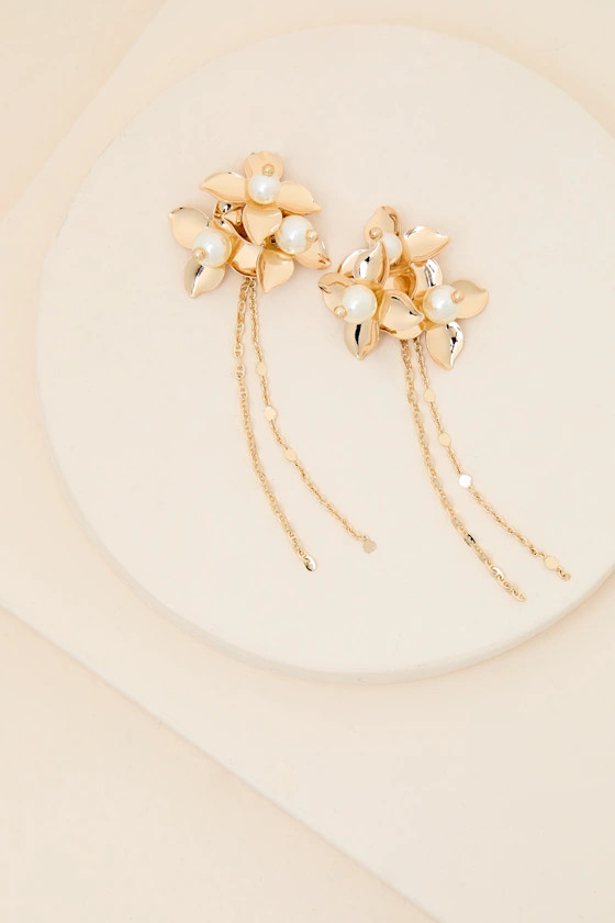 Miley Gold Floral Pearl Statement Earrings | Lulus