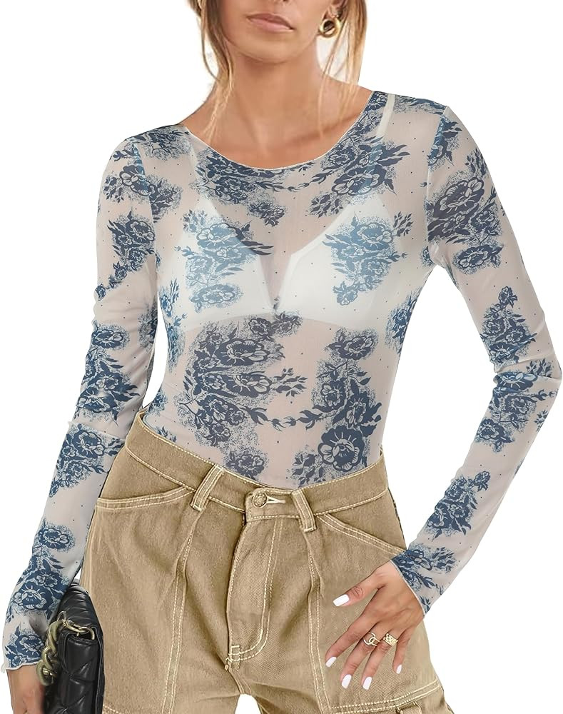 Aoulaydo lace Long Sleeve top for Women mesh Layering top Mock Neck Floral See Through Tops | Amazon (US)