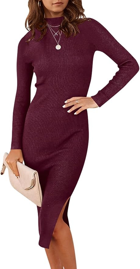 ANRABESS Women's 2023 Fall Long Sleeve Sweater Dress Turtleneck Slim Fit Ribbed Knit Slit Midi Dr... | Amazon (US)