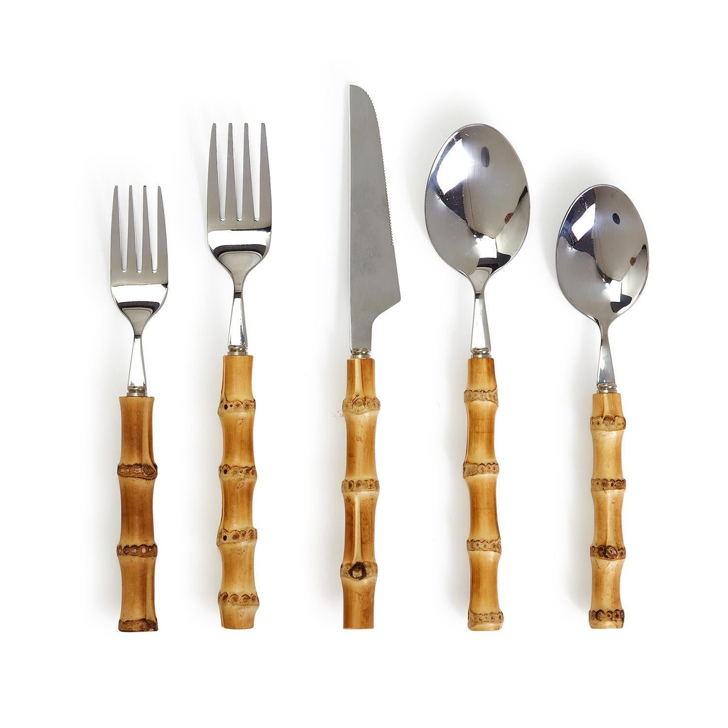Natural Bamboo 20 Pc Flatware Service Set For 4 in Storage Pouch | Palm Beach Collective