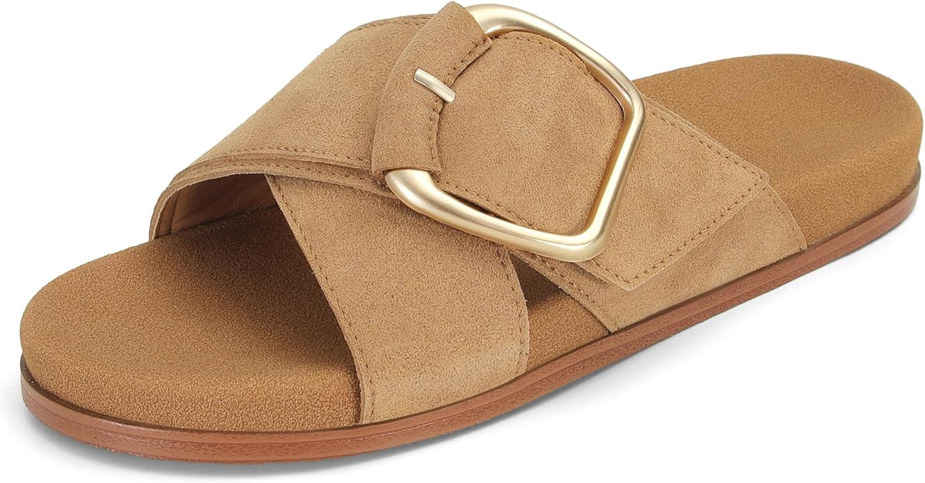 Amazon.com | XBKXMK Flat Sandals for Women Comfortable Slide Sandals Summer Suede Leather Slides ... | Amazon (US)