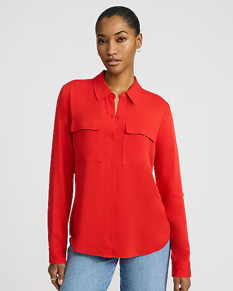 Twill Double Flap Pocket Rolled Sleeve Utility Portofino Shirt | Express