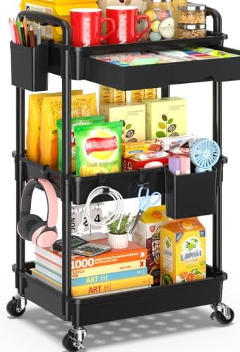 3 Tier Rolling Cart with Drawer, Bathroom Storage Organizer with 2 Lockable Wheels, Multifunction... | Amazon (US)