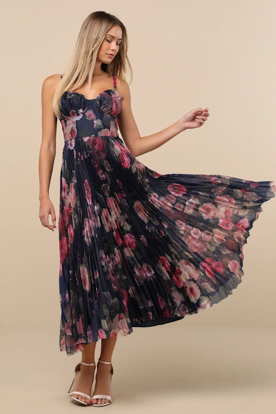 Alluring Invite Midnight Blue Floral Pleated Bustier Midi Dress | Lulus