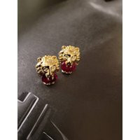 Gold Tone Crystal Accent Luxury Stud Earrings Open Mouth Lion Ruby Red Ball Designer Style High Qual | Etsy (US)