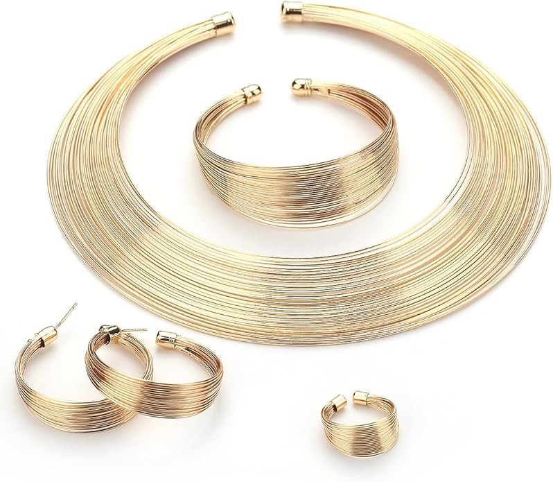 MOOCHI Gold Plated African Multiple Strands Choker Women Necklace Earrings Chunky Costume Stateme... | Amazon (US)