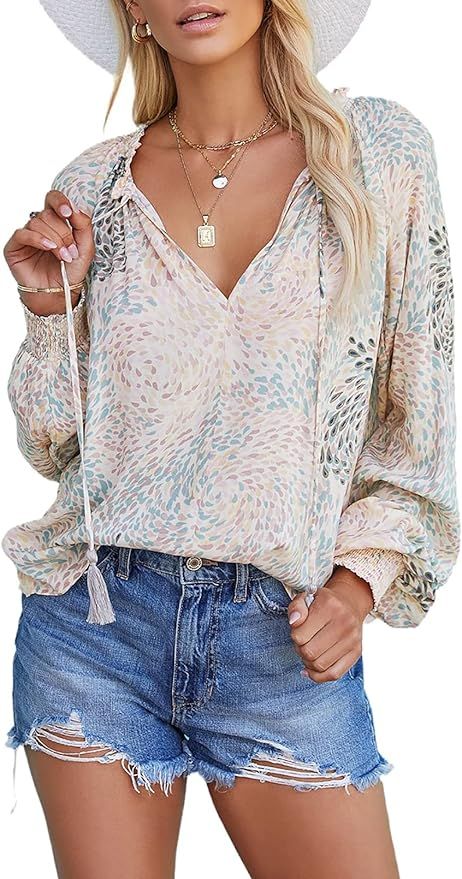 Happy Sailed Womens Boho Floral Print V Neck Tops Casual Long Sleeve Drawstring Blouses Shirts(S-... | Amazon (US)