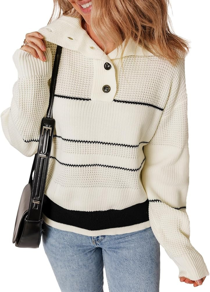 Dokotoo Womens Sweaters Long Sleeve Fall Fashion 2024 1/4 Button Pullover Sweater Striped Color B... | Amazon (US)