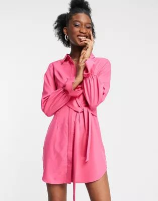 In The Style x Billie Faiers drape shirt dress with tie front detail in pink | ASOS (Global)