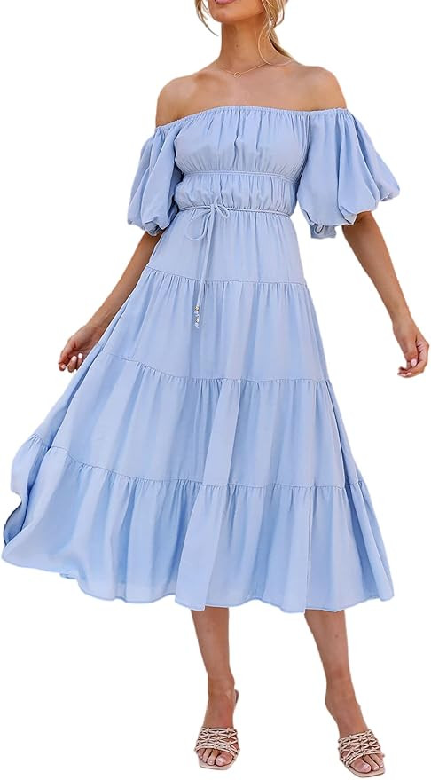 R.Vivimos Off-Shoulder Dresses for Women Summer Puff Sleeve Empire Waist Casual Ruffle A-Line Flo... | Amazon (US)