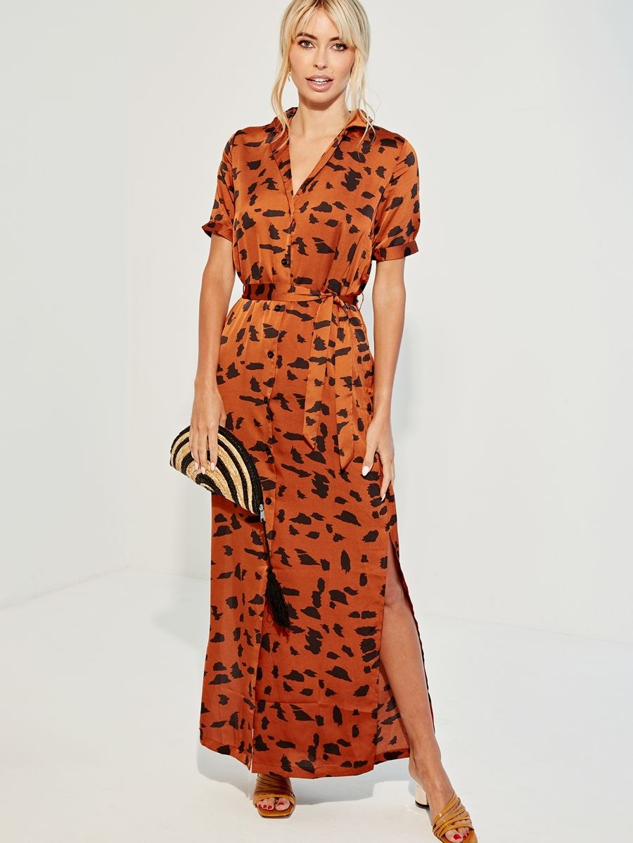SHEIN Dalmatian Print Slit Side Belted Satin Dress | SHEIN