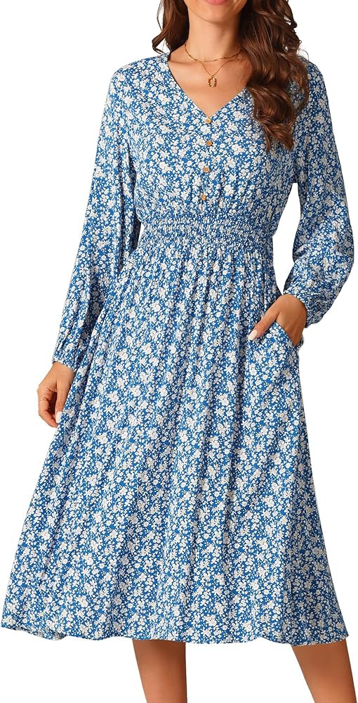 Seta T Women's Fall Dresses 2025 Casual Long Sleeve V Neck Midi Dress Floral Boho Beach Flowy Dre... | Amazon (US)