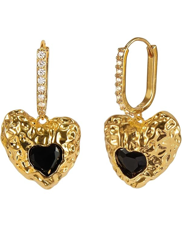CelebWonde18K Gold Plated Heart Huggie Hoop Earrings for Women, Unique Black Heart Chunky Drop Ho... | Amazon (US)