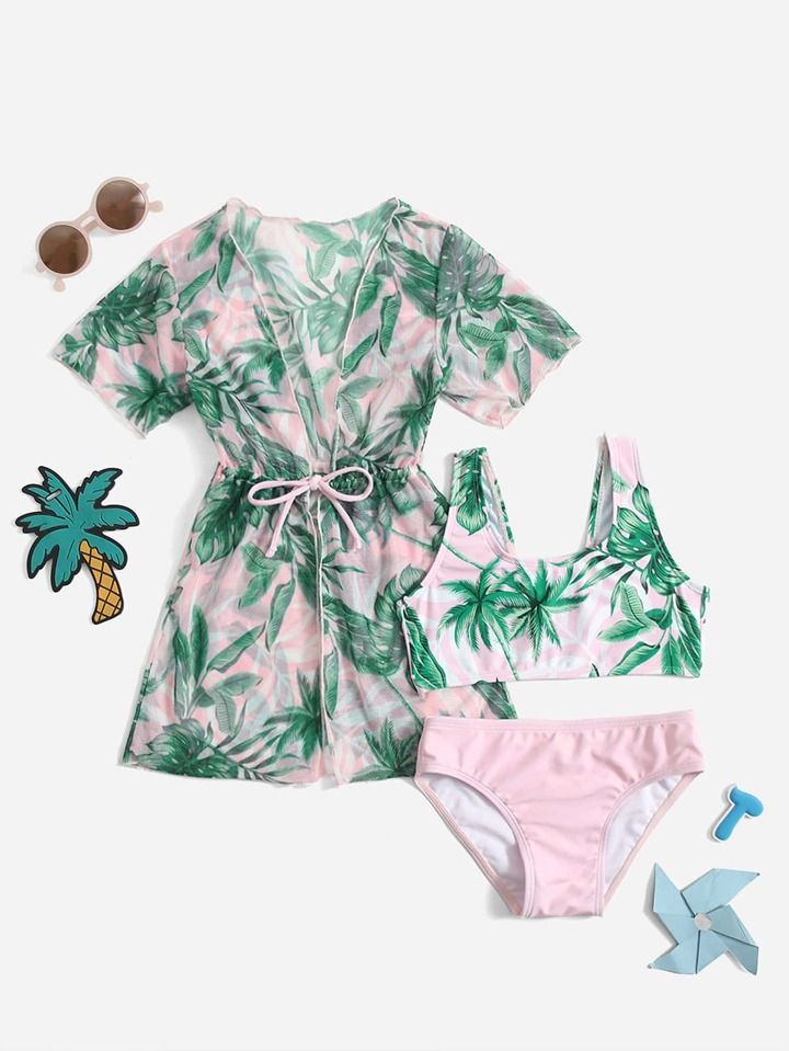 3pack Toddler Girls Palm Tree Print Bikini Swimsuit & Kimono | SHEIN