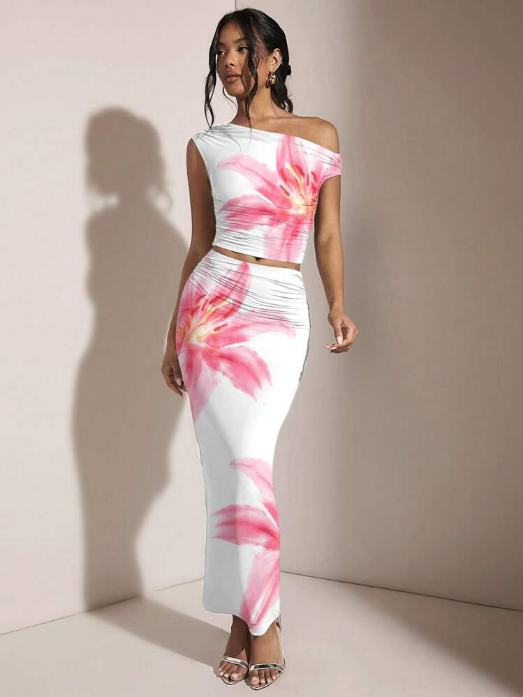 SHEIN BAE Women Oblique Shoulder Asymmetric Ruched Fitted 2-Piece Set, Suitable For Summer/Summer Holiday/Hawaii/Island Resort/Birthday Party Suitable For Going Out | SHEIN