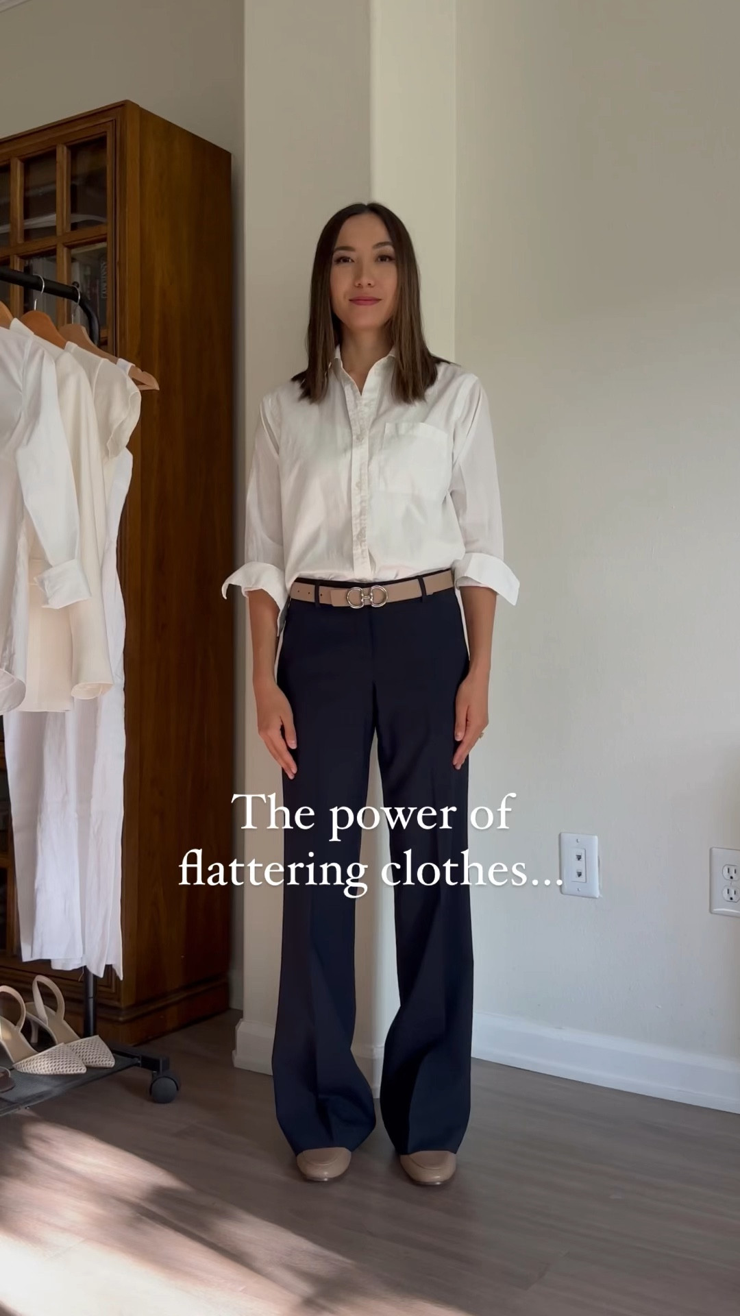 The power of flattering clothes // 

Outfit 1: Everlane button down, EP belt, theory pants 

Outfit 2: Everlane silk blouse, EP belt, Abercrombie pants 

workwear / office outfit / loafers / heels / Everlane / Abercrombie / 

#LTKstyletip #LTKworkwear