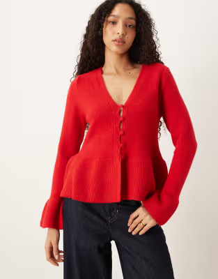 Gina Tricot wool knitted peplum cardigan top in red | ASOS (Global)