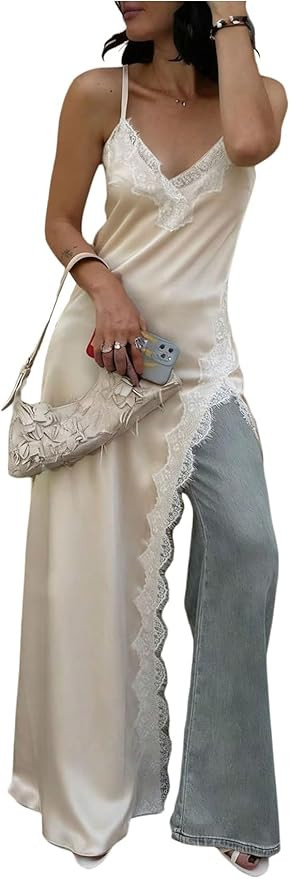 Verdusa Women's Satin Lace Maxi Wedding Guest Dresses High Slit Cami Dress Summer Brunch Outfits | Amazon (US)