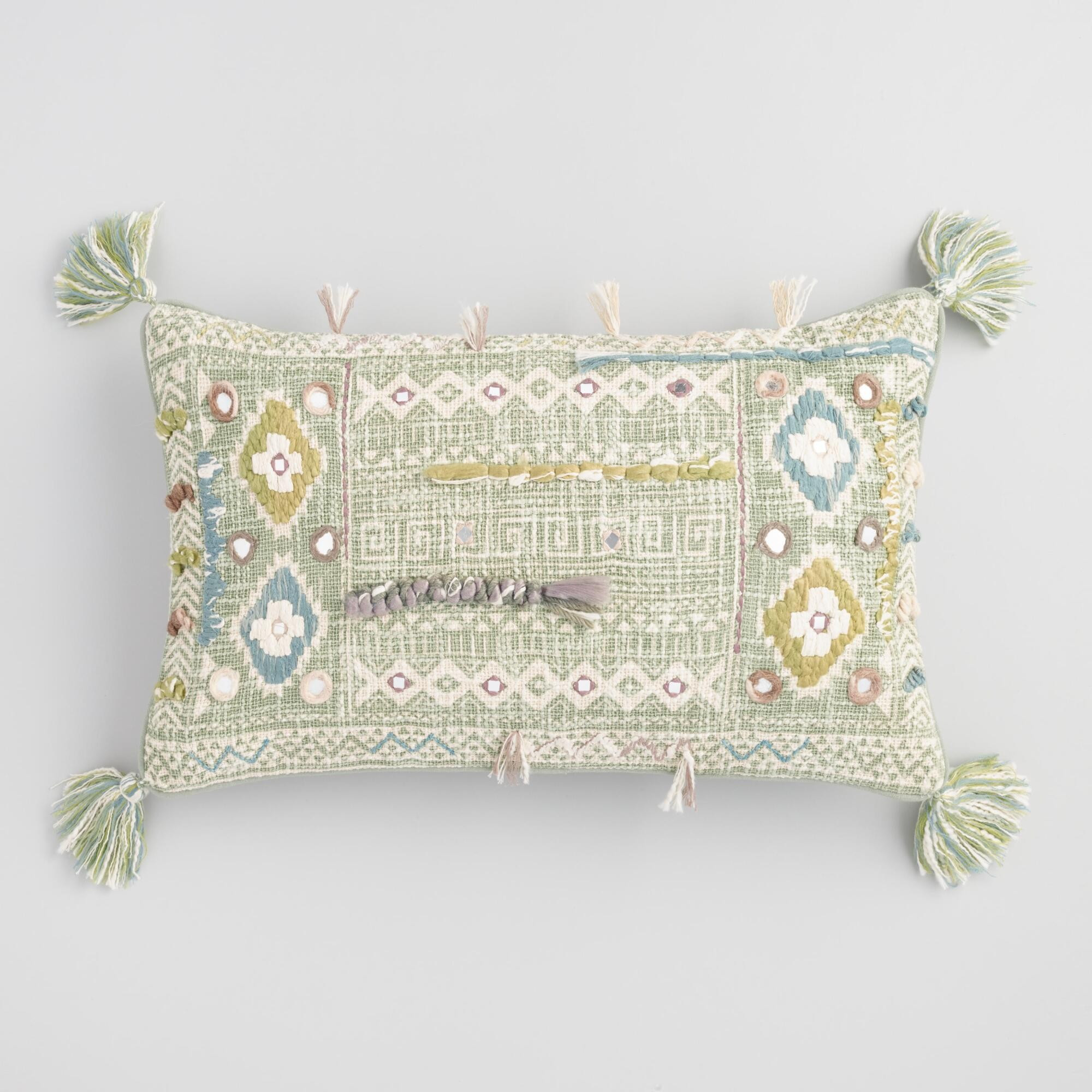 Oversized Sage Green Embroidered Mirror Haven Lumbar Pillow - Cotton by World Market | World Market