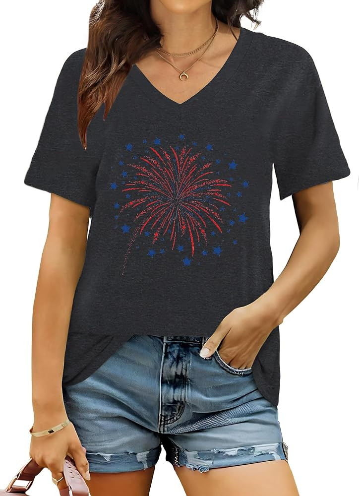 American Flag Shirts Women USA Stars Patriotic Shirt 4th of July T-Shirt V-Neck Short Sleeve Casu... | Amazon (US)