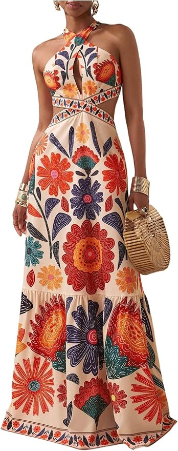 Floerns Women's Summer Floral Maxi Dress Cut Out Halter Backless Boho Beach Vacation Dresses | Amazon (US)