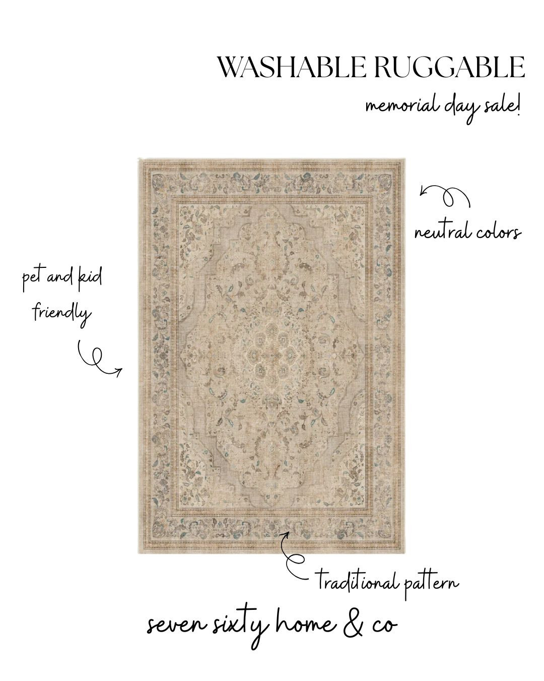 This washable Ruggable rug is one of my favorite finds for creating a warm, timeless home that still works for real life.

The soft neutral color palette, vintage-inspired traditional pattern, and subtle faded detailing make it easy to layer into cozy living rooms, traditional bedrooms, farmhouse interiors, and collected home spaces without overwhelming the room. And because it’s fully washable, it’s perfect for homes with kids, pets, everyday messes, and high traffic areas.

If you’ve been searching for washable rugs, pet friendly rugs, neutral traditional rugs, vintage-inspired area rugs, or cozy designer-style rugs that are both beautiful and practical, this one is such a good option — especially during the Memorial Day sale. 

 #LTKHome #LTKSaleAlert