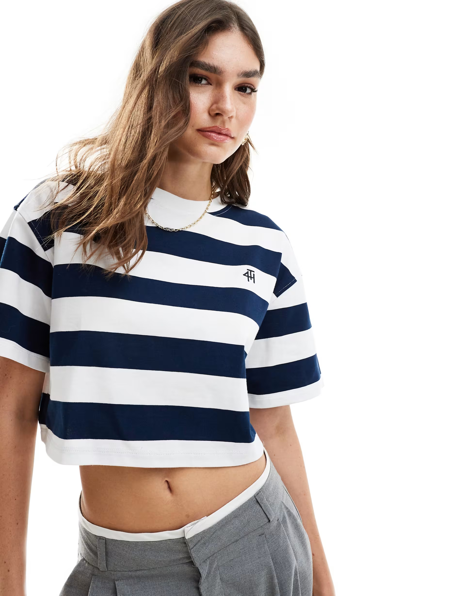 4th & Reckless cropped boxy logo embroidered t-shirt in white and navy stripe | ASOS | ASOS (Global)