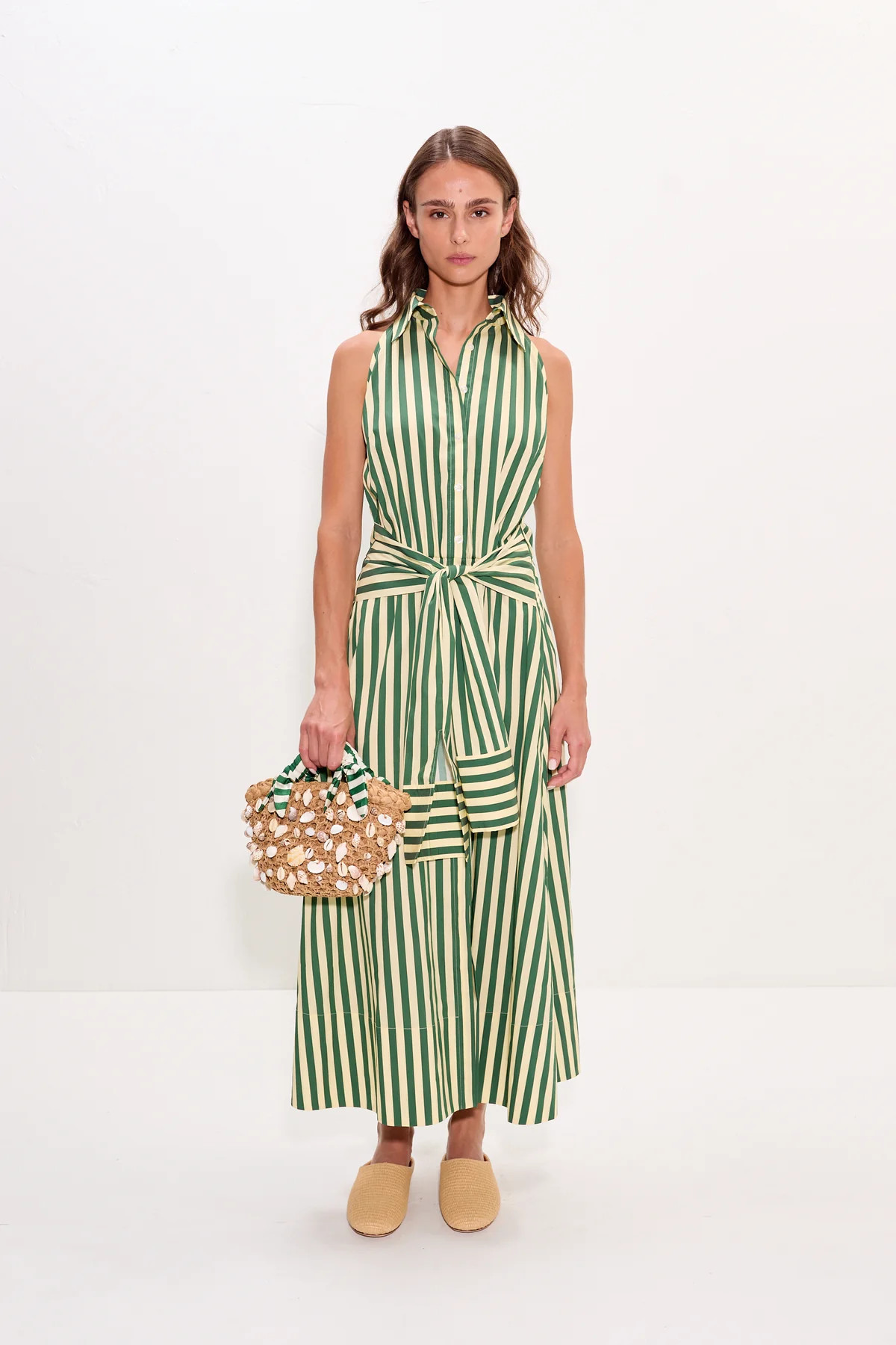 Inna Sleeveless Poplin Dress in Gummy Green/Ecru | Simon Miller