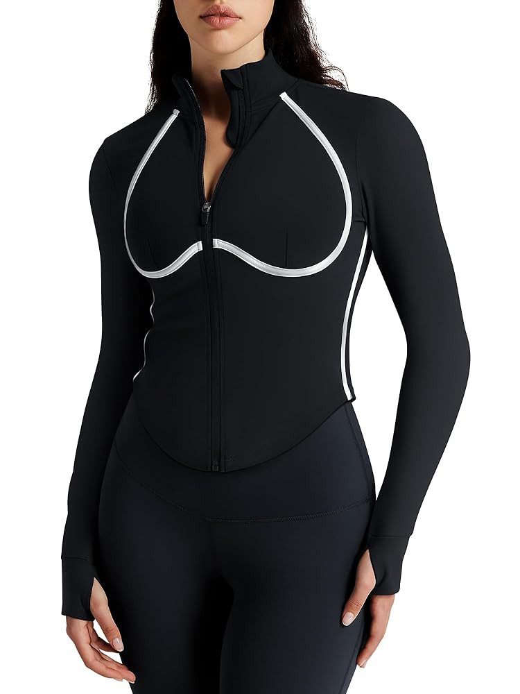 Women Workout Jacket Cropped Contrast Seam Zip Up Athletic Jacket Yoga Sportswear with Thumb Hole... | Amazon (US)
