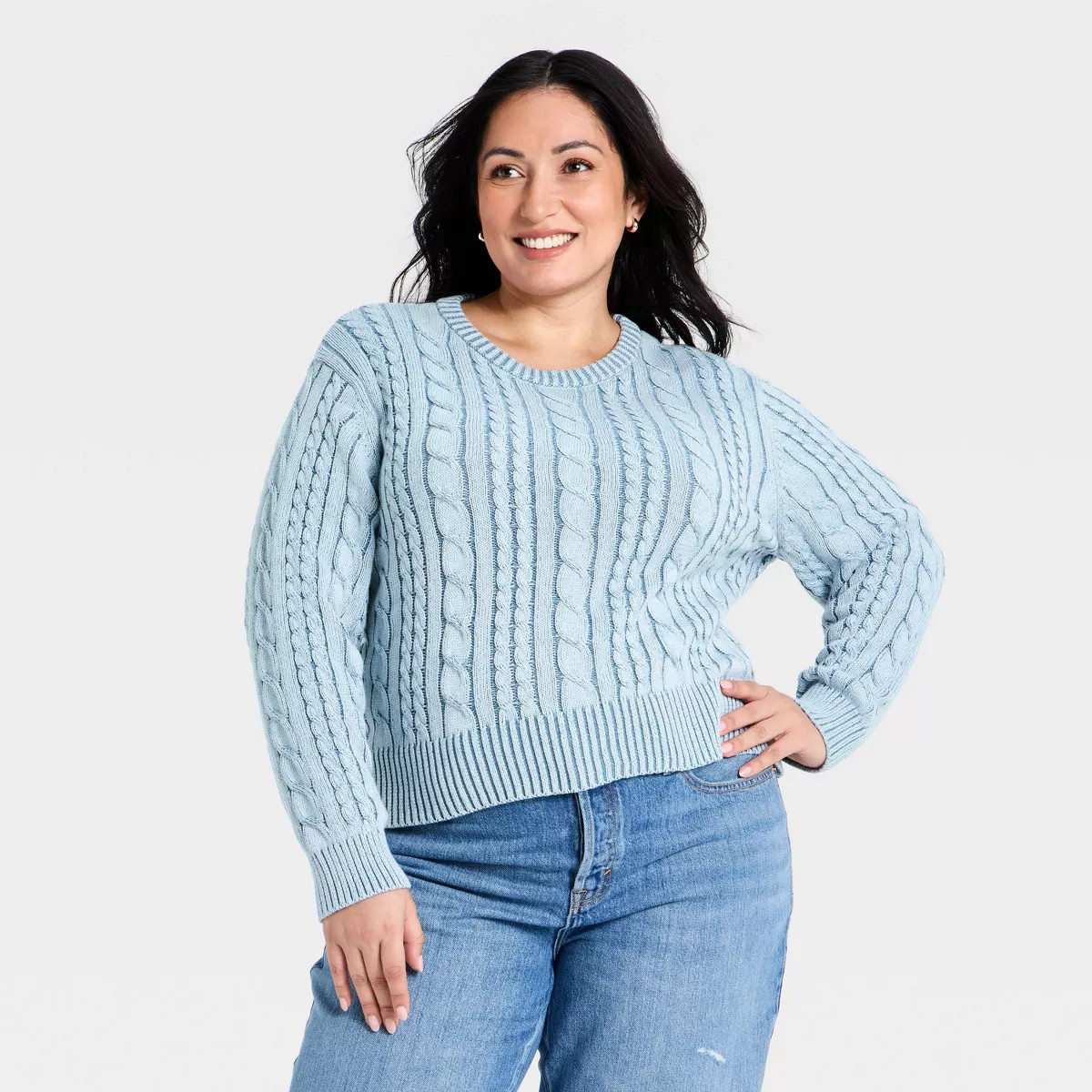 Women's Western Cable Crewneck Pullover Sweater - Universal Thread™ Blue 2X | Target