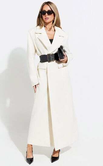 Farah Coat - Single Breasted Oversized Longline Wrap Coat in Off White | Showpo (ANZ)