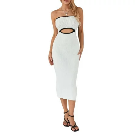 IMISSILLEB Strapless Backless Hollowed Striped Patchwork Long Dress Women Tube Dress Party Clubwear | Walmart (US)