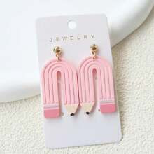 pair BackToSchool Teachers Day Themed Soft Clay Acrylic Dangle Earrings Pink Curved Pencil Design Cute Funny Interesting Unique Sweet And Lovely Ear | SHEIN