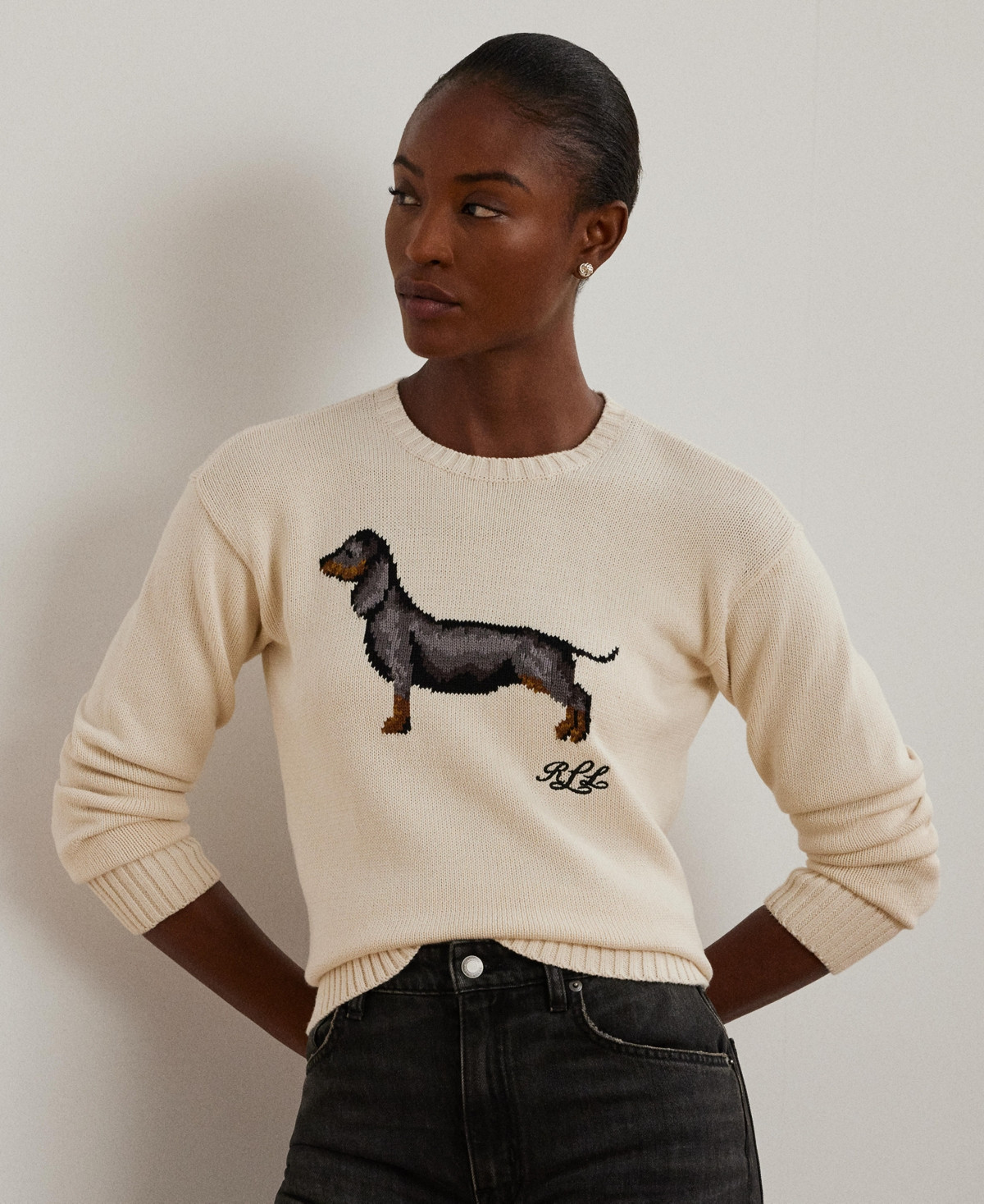 Lauren Ralph Lauren Women's Intarsia-Knit Dachshund Cotton Sweater, Regular & Petite - Winter Cream | Macy's