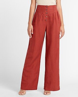 Super High Waisted Linen-Blend Button Fly Wide Leg Palazzo Pant Red Women's XL | Express