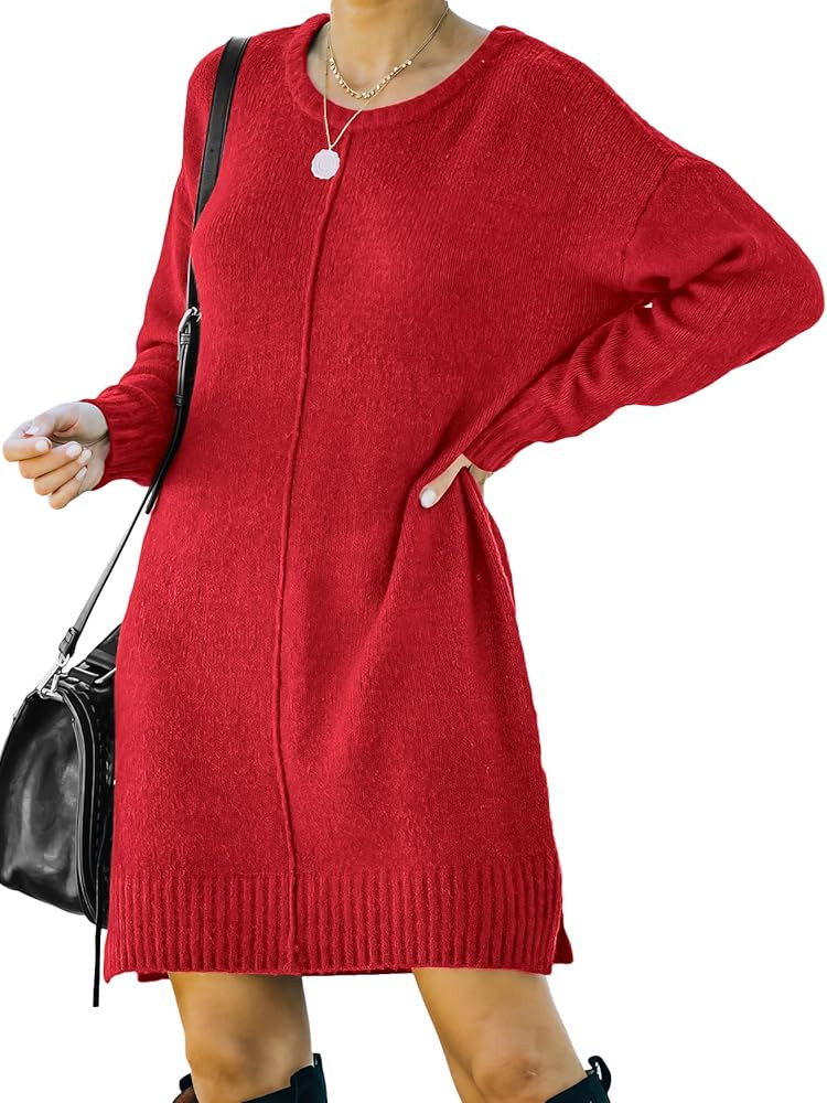 Women's Long Sleeve Crew Neck Casual Loose Yarn Cozy Slit Side Mini Sweater Dress | Amazon (US)