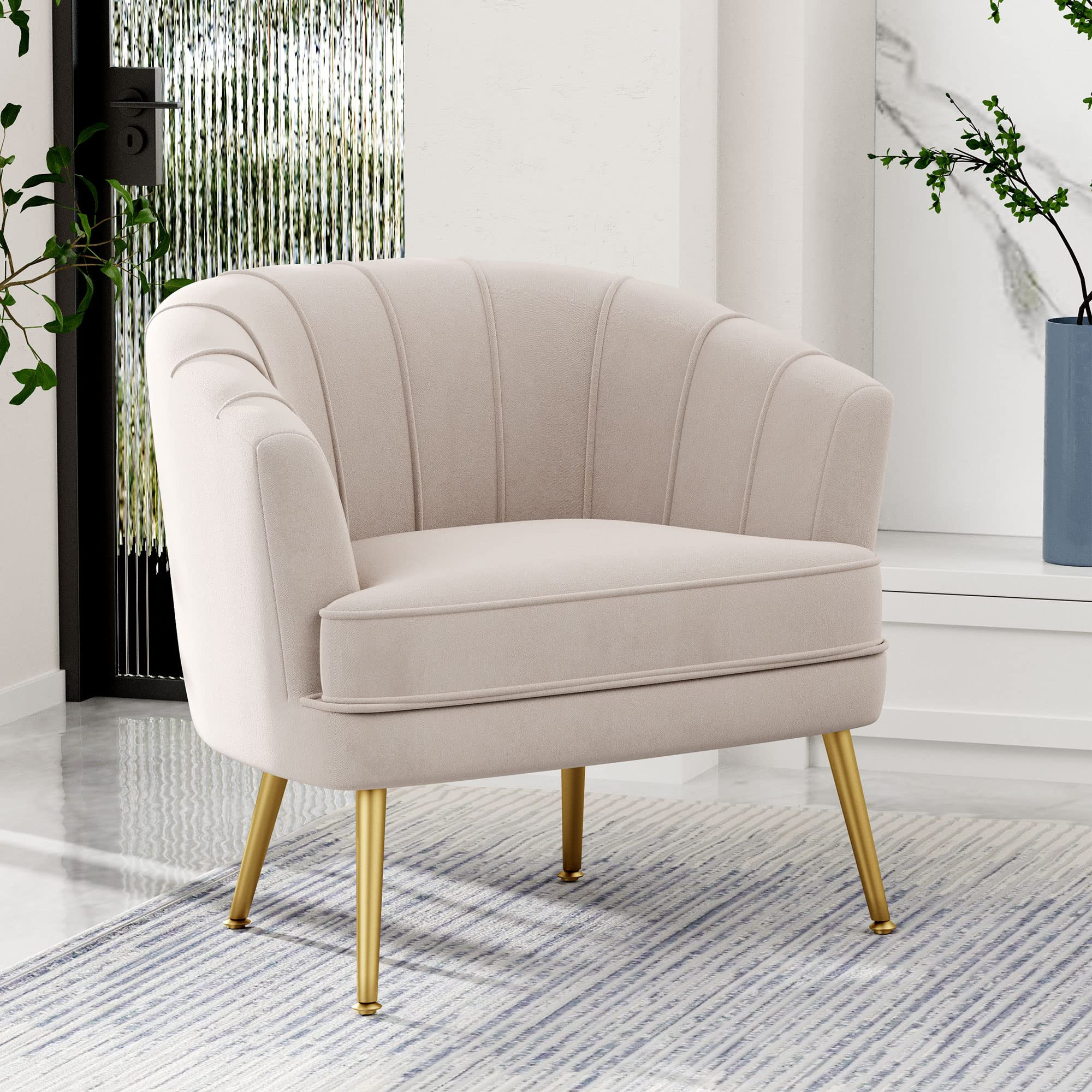 Andeworld Velvet Accent Chair, Upholstered Modern Single Sofa Side Chair,Comfy Barrel Club Living Room Armchair with Golden Metal Legs for Bedroom Living Reading Room Office, Beige | Amazon (US)