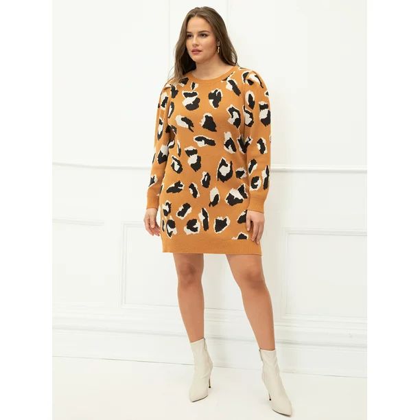 ELOQUII Elements Plus Size Cheetah Print Sweater Dress - Walmart.com | Walmart (US)