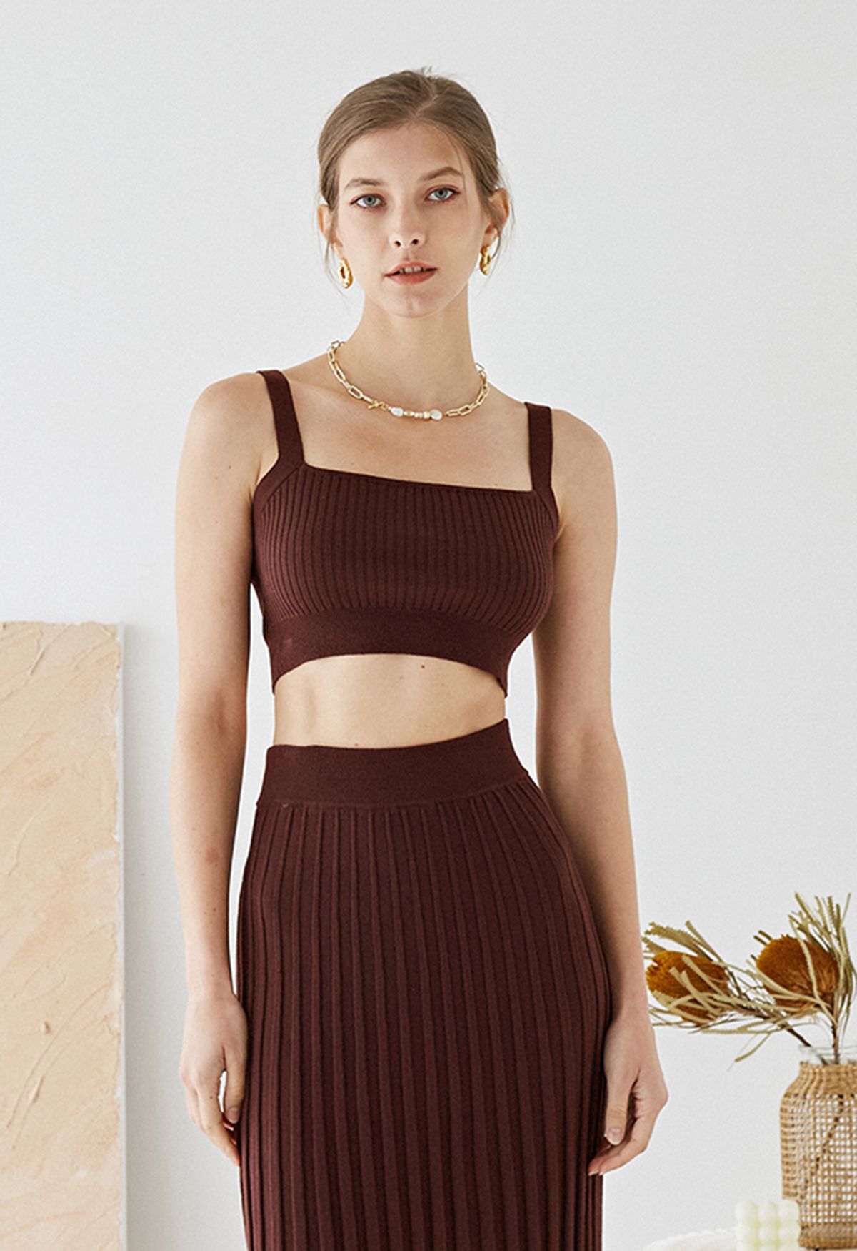Ultra-Soft Ribbed Cami Knit Cropped Top in Brown | Chicwish