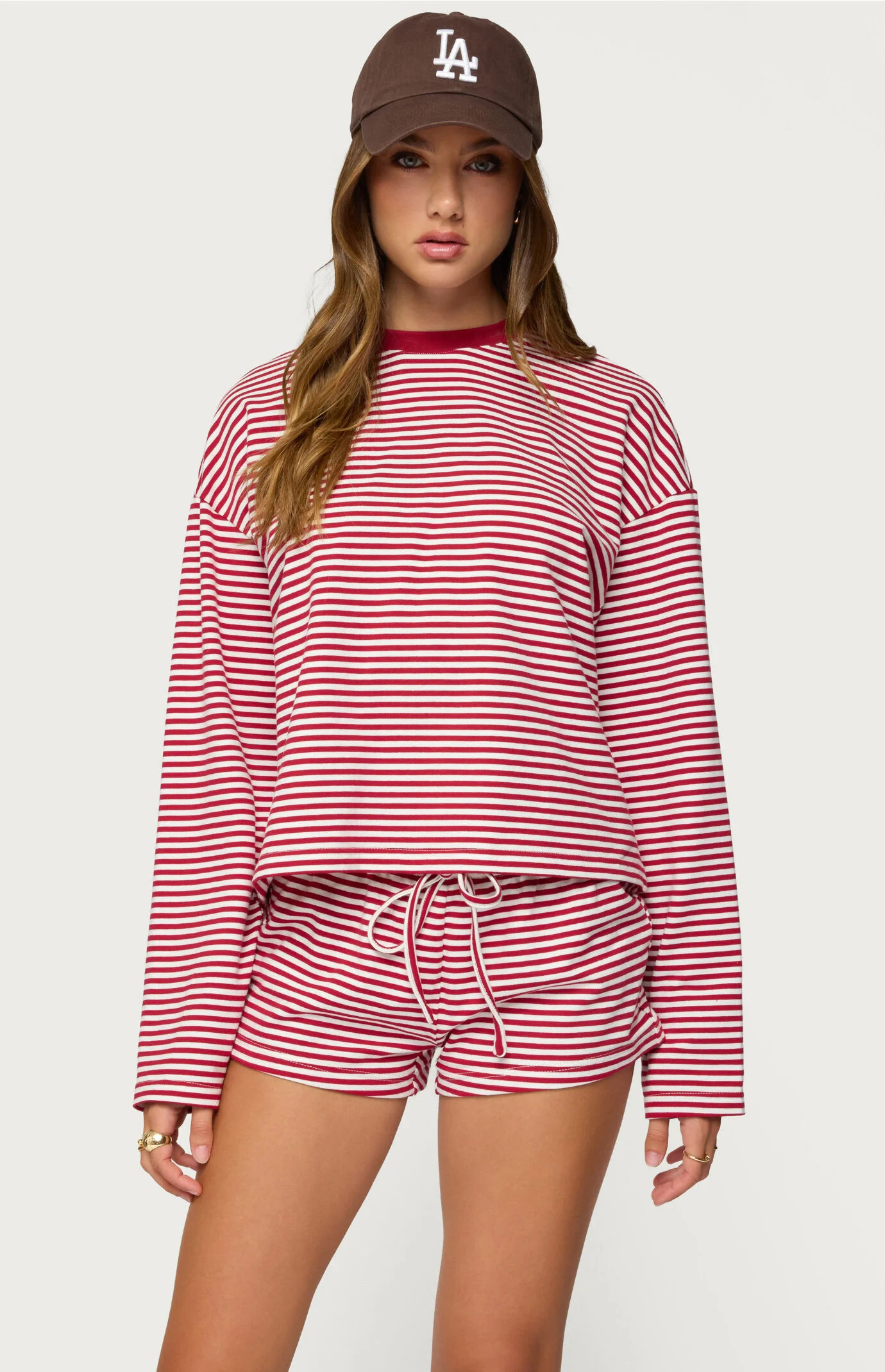 Edikted Women's Jainee Striped Long Sleeve T-Shirt in Burgundy - Size XS | PacSun