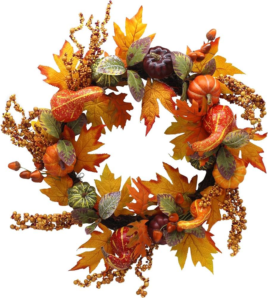 CVHOMEDECO. Primitive Rustic 22 Inch Artificial Pumpkins Wreath with Fall Maple Leaves and Berry,... | Amazon (US)