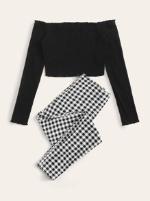 SHEIN Off Shoulder Lettuce Edge Tee and Gingham Skinny Pants Set | SHEIN