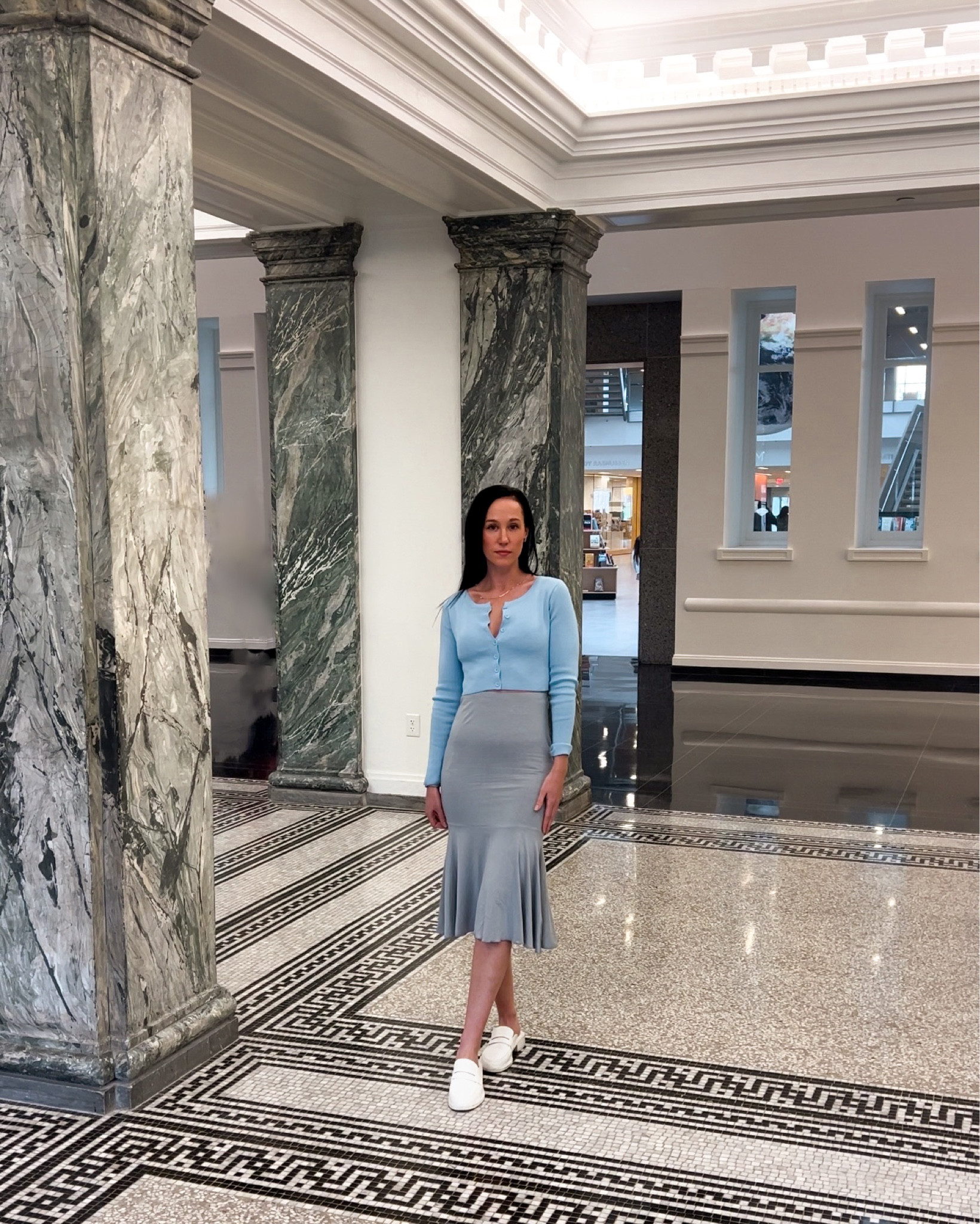 Mermaid midi skirt, mules, loafers, slide loafers, cropped cardigan 

#LTKSeasonal #LTKstyletip