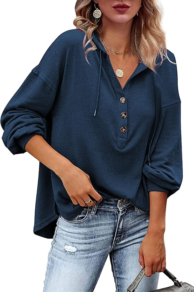 THEREROSE Womens Tops Long Sleeve Shirts V Neck Oversized Tops Henley Shirts Button Down Sweatshi... | Amazon (US)